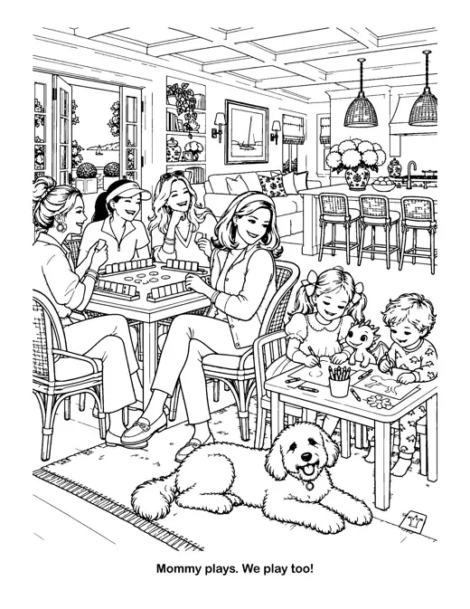 Coloring page "Mommy plays. We play too!": the kids color at their own table beside the mahjong game