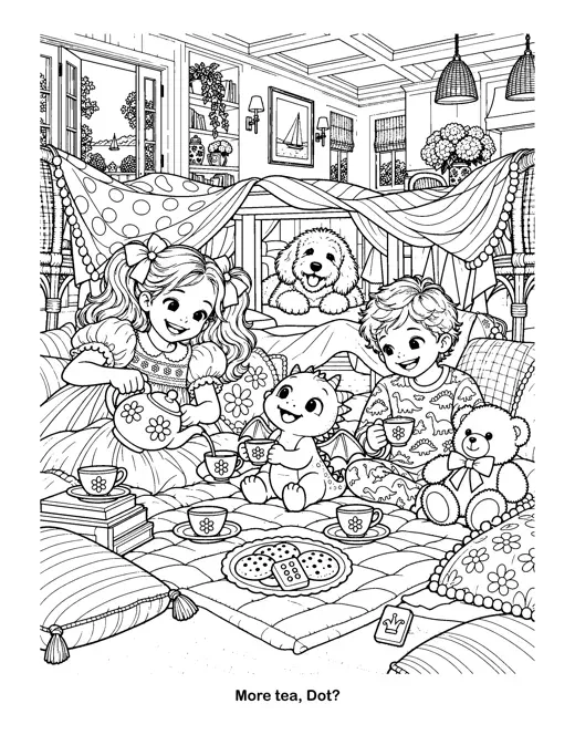 Coloring page "More tea, Dot?": a blanket-fort tea party with Dot the baby dragon